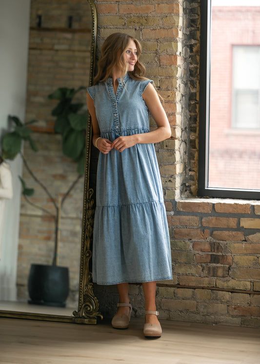 Light Blue Denim Midi Dress with Tiered Skirt and Tie Waist — Nursing Friendly Dresses