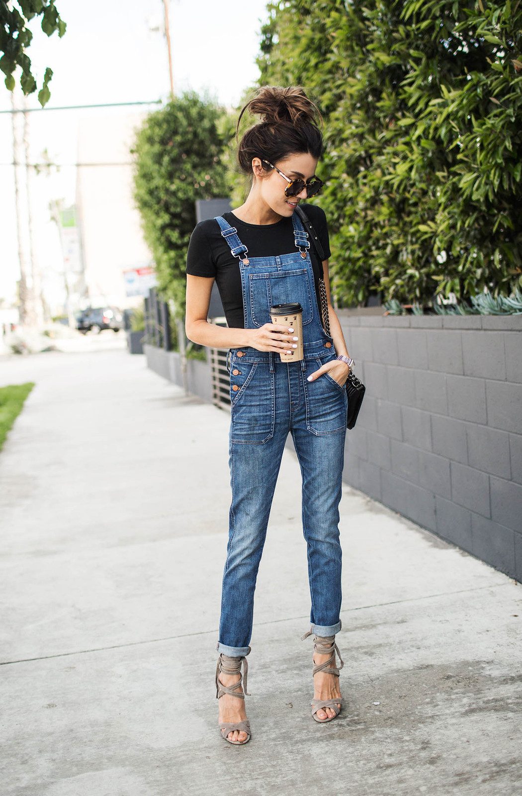 Fitted Denim Overalls with Black T-Shirt and Grey Heels Fitted Denim Overalls with Black T-Shirt and Grey Heels
