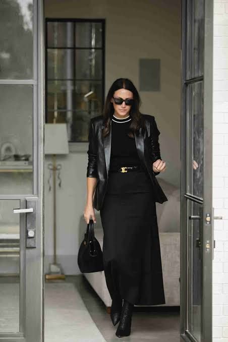 Monochromatic Black Leather Pencil Skirt and Blazer Ensemble — Pencil Skirt Outfits