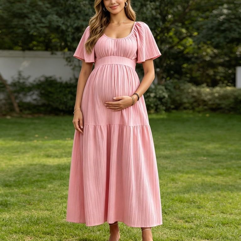 Pink Textured Maxi Dress with Smocked Waist and Tiered Skirt for a Sweet Baby Shower Pink Textured Maxi Dress with Smocked Waist and Tiered Skirt for a Sweet Baby Shower — Baby Shower Dresses