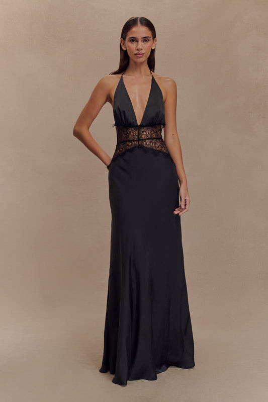 Halter Neck Maxi Dress with Lace-Trimmed Bodice — Black Tie Dresses