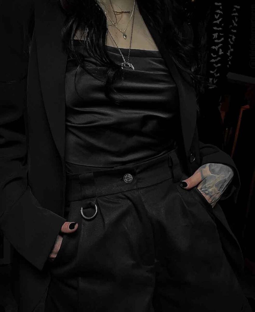 Tailored Black Blazer with Satin Tube Top Tailored Black Blazer with Satin Tube Top — Vampire Aesthetic Outfits