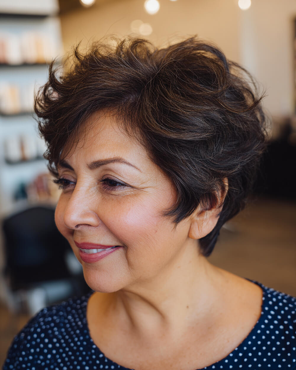 Ear Dark Brown Layered Pixie — Pixie Cut for Thin Hair