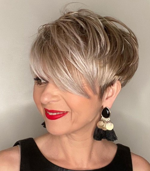 Blonde Pixie With Textured Side-Swept Bangs Blonde Pixie With Textured Side-Swept Bangs — Short Hair with Bangs