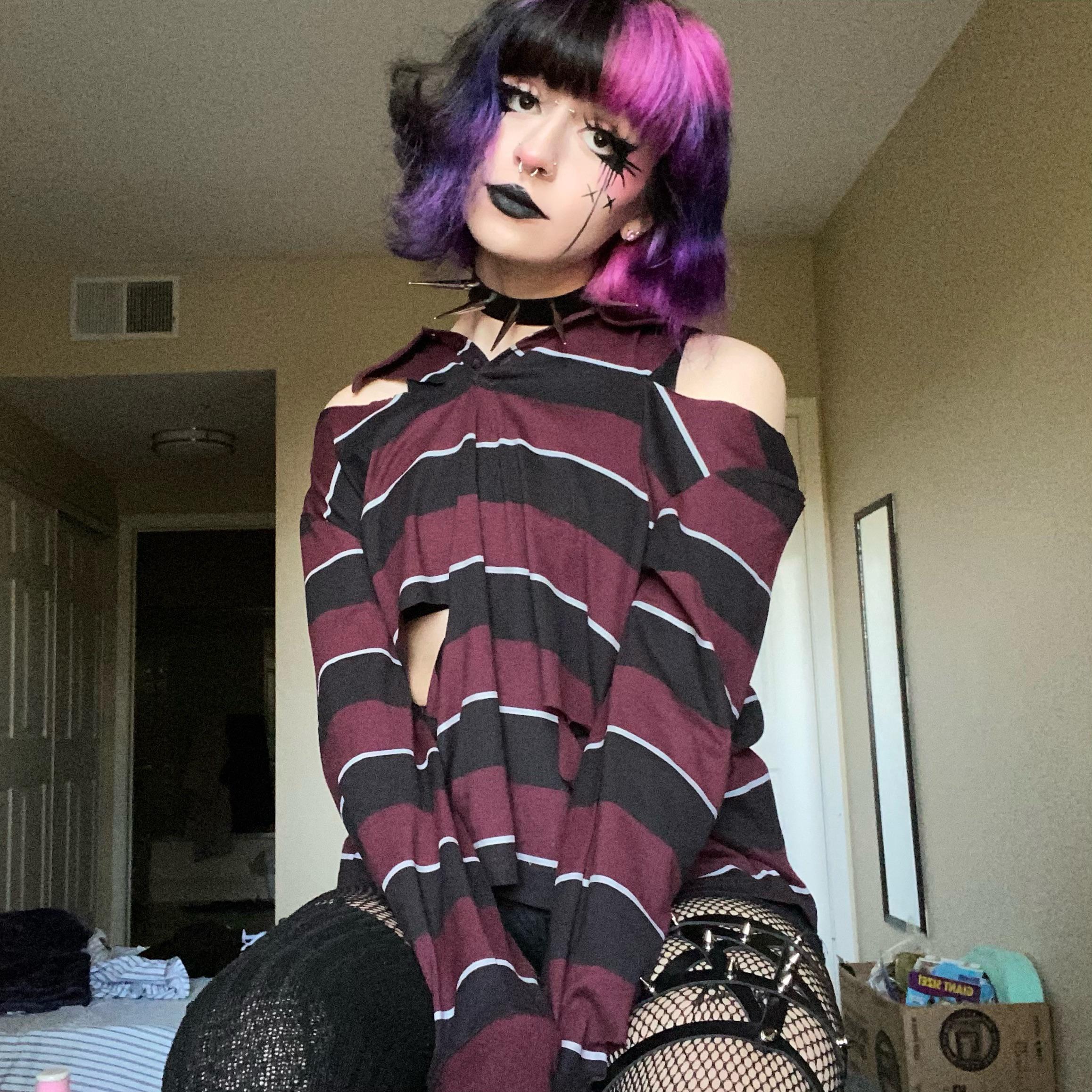 Alternative Femboy Style with Striped Cut-Out Shirt and Fishnets Alternative Femboy Style with Striped Cut-Out Shirt and Fishnets — Femboy Outfits