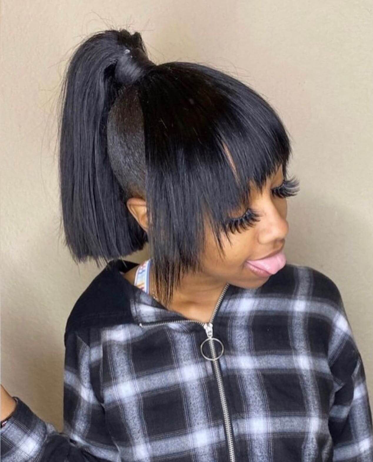 Black High Ponytail with Blunt Bangs — Ponytail with Bangs