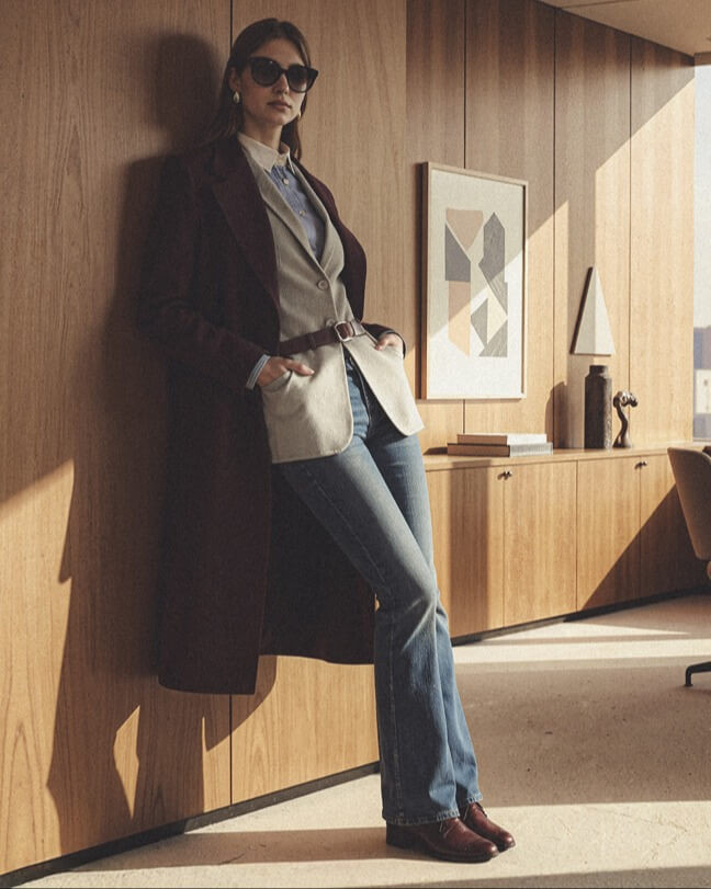 Layered Tailoring with Flared Denim — Outfits for Inverted Triangle