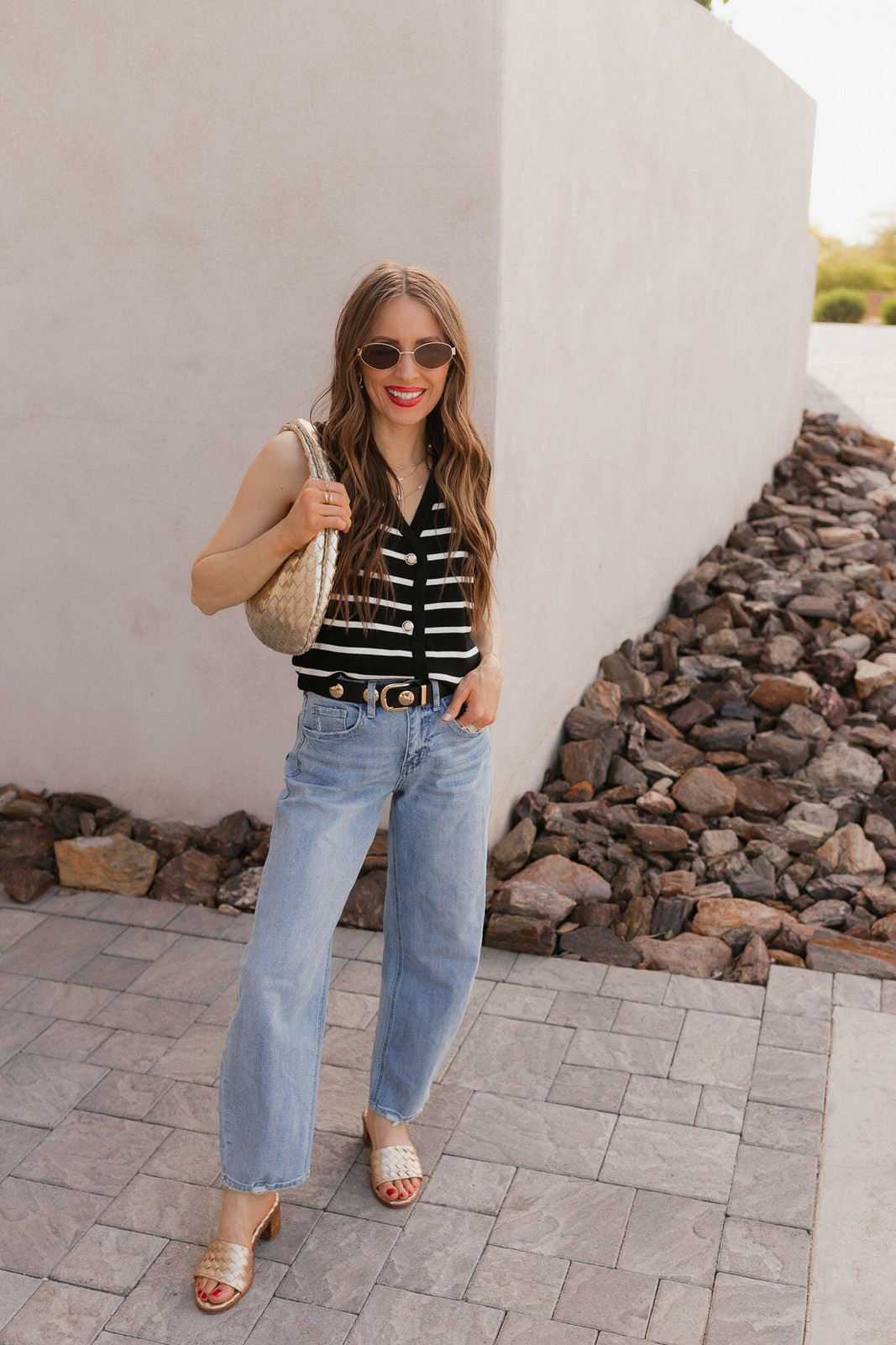 Chic Stripes: Knit Top, Wide-Leg Jeans, and Metallic Accents — Arizona Outfits