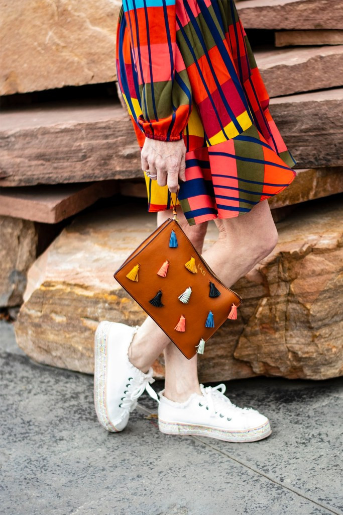 Multicolor Plaid Mini Dress with White Sneakers — Sneakers with Dress Outfits