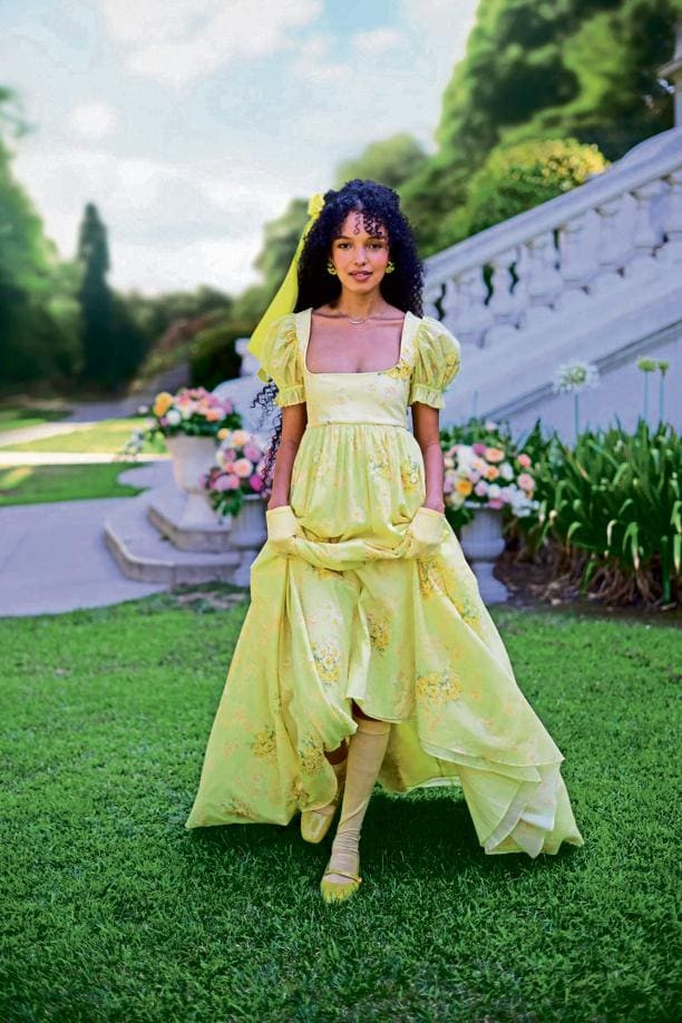 Vibrant Yellow Floral Dress with Puff Sleeves — Royalcore Outfits