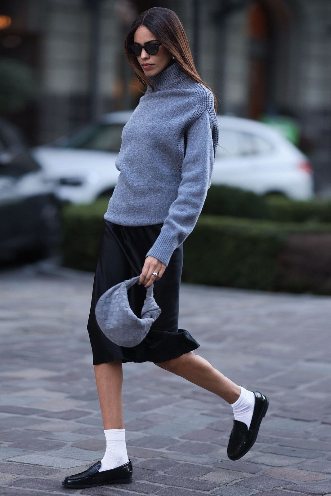 Sophisticated Casual: Black Loafers with White Socks and Satin Slip Skirt Sophisticated Casual: Black Loafers with White Socks and Satin Slip Skirt — Socks with Loafers Outfits