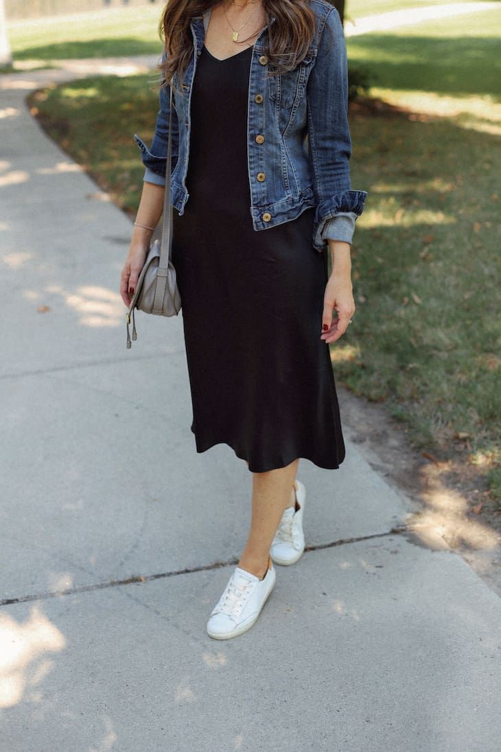 Casual Daytime Black Silk Midi Dress with Denim Jacket and Sneakers Casual Daytime Black Silk Midi Dress with Denim Jacket and Sneakers — Silk Dresses