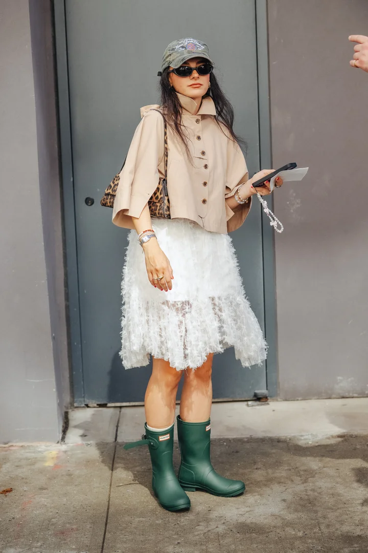Sporty Meets Chic: Wellies and a Mini Skirt for Wet Weather Sporty Meets Chic: Wellies and a Mini Skirt for Wet Weather — Rainy Day Outfits