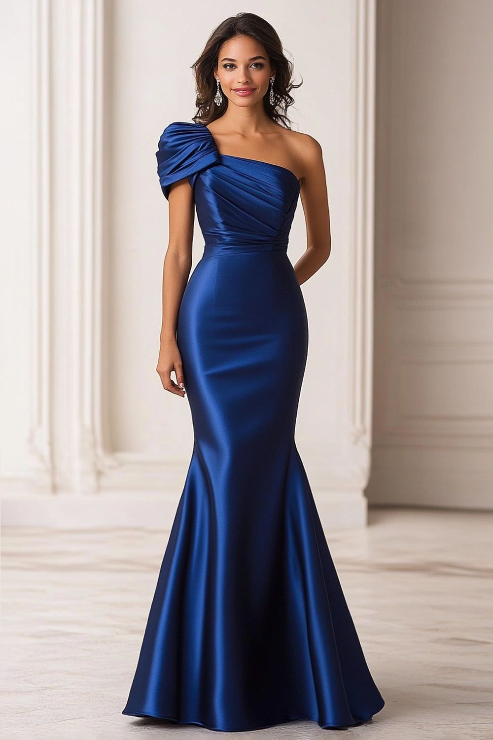 Dark Blue One-Shoulder Satin Mermaid Dress — Military Ball Dresses