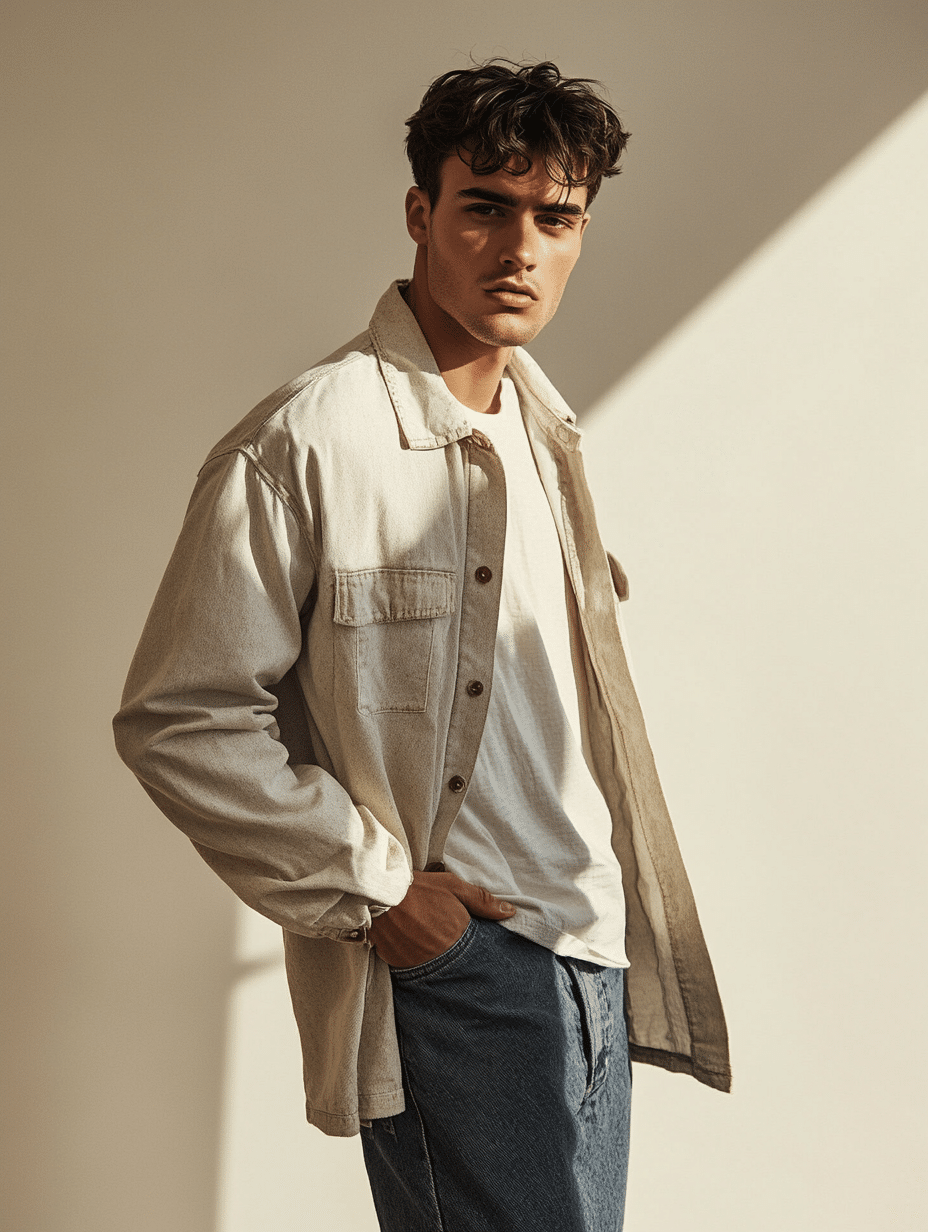 Beige Overshirt Layered Over White T-Shirt Beige Overshirt Layered Over White T-Shirt — Outfits for Men