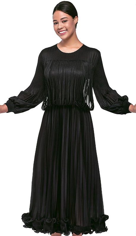 Black Smocked Bodice Dress with Fringe and Puff Sleeves Black Smocked Bodice Dress with Fringe and Puff Sleeves — Church Dresses