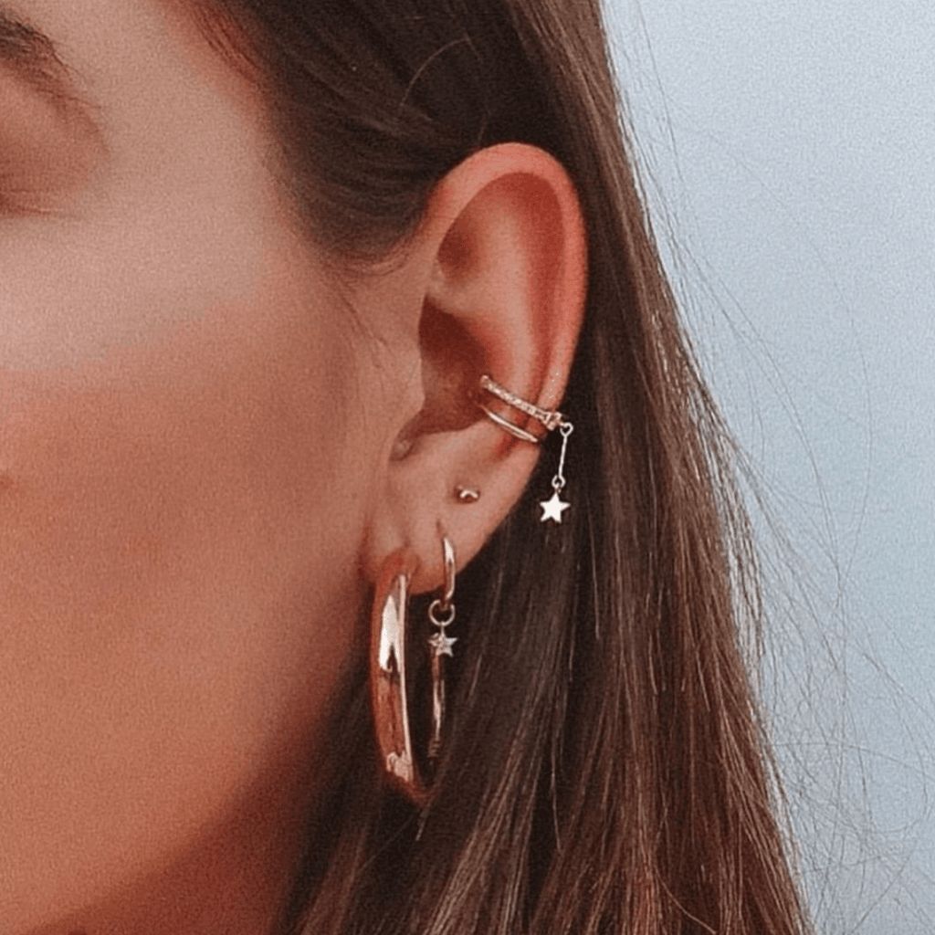 Modern Gold Ear Stack with Star Charm Ear Cuff Modern Gold Ear Stack with Star Charm Ear Cuff — Ear Piercing Ideas