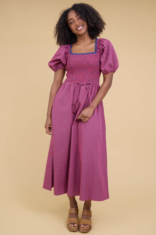 Smocked Bodice Gingham Midi Dress for Casual Style — Modest Dresses