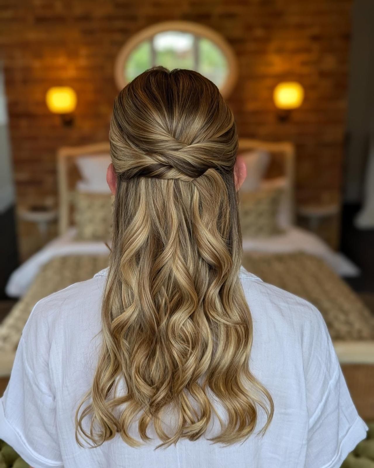 Ash Blonde Twisted Crown With Curls — Half Up Half Down Medium Hair