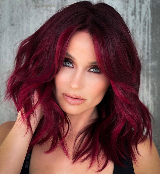 Face-Framing Pieces Visual Idea — Dark Red Hair