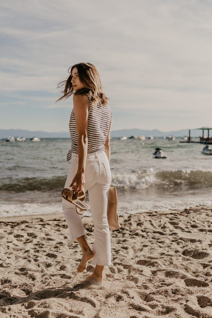 White Cropped Flare Jeans for a Casual Beach Day — Lake Tahoe Outfits