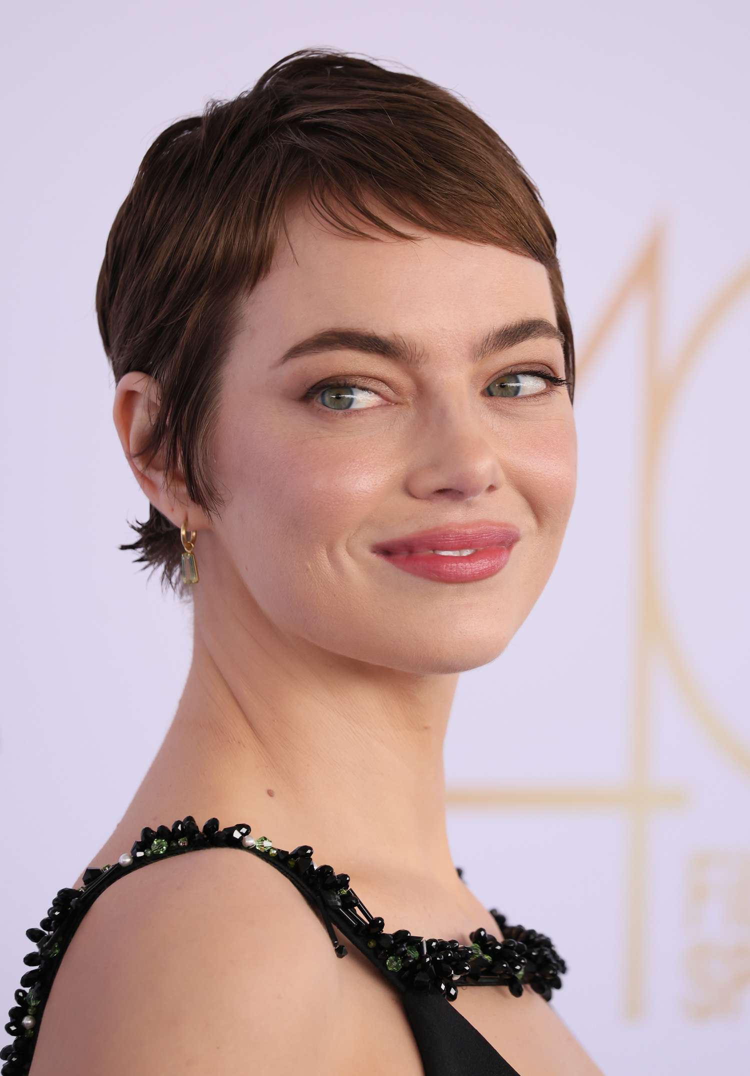 Textured Brown Hair with Bangs and a Beaded Black Dress — Short Bangs