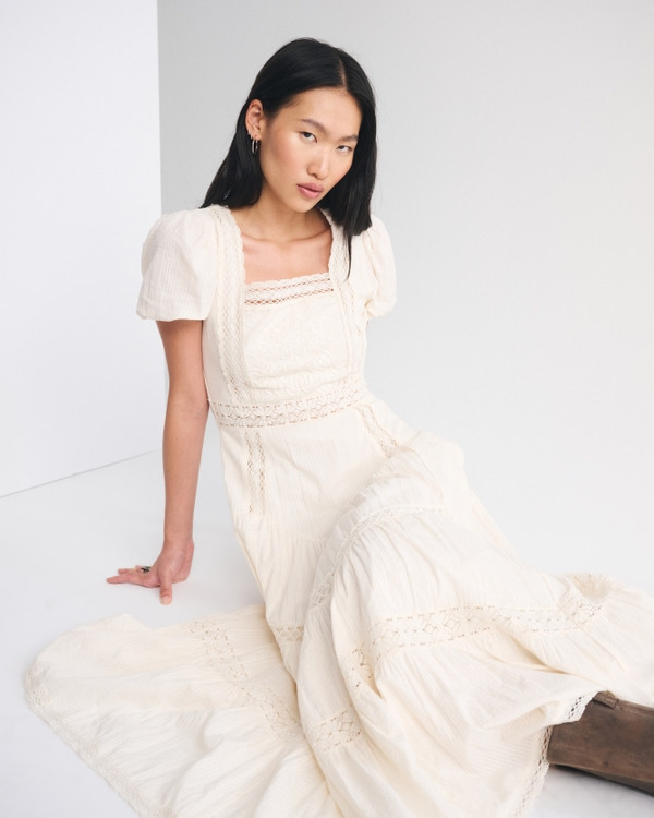 Cream Puff Sleeve Maxi Dress with Lace Details for Casual Wear Puff Sleeve Dresses