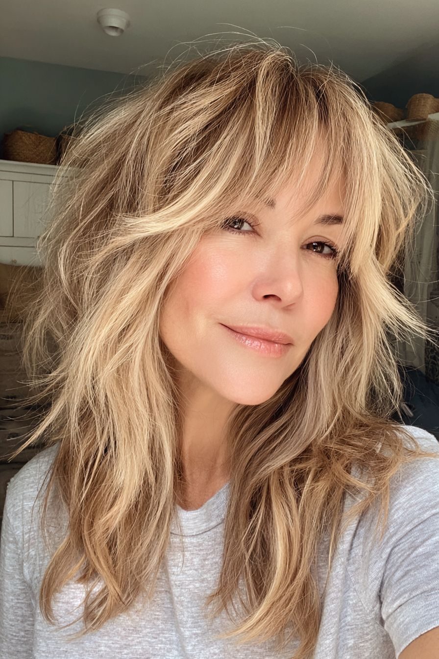 Textured Ash Blonde Shag with Curtain Bangs Textured Ash Blonde Shag with Curtain Bangs — Blonde Hair Over 50