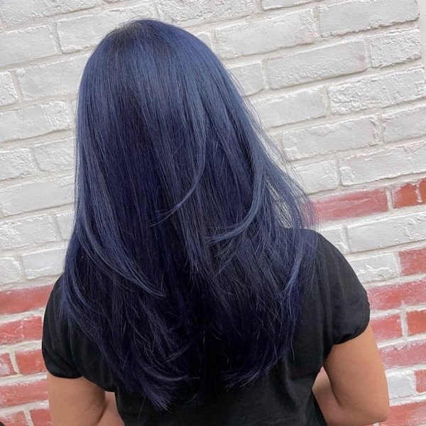 Collarbone Smooth Blowout With Full Bangs — Dark Blue Hair