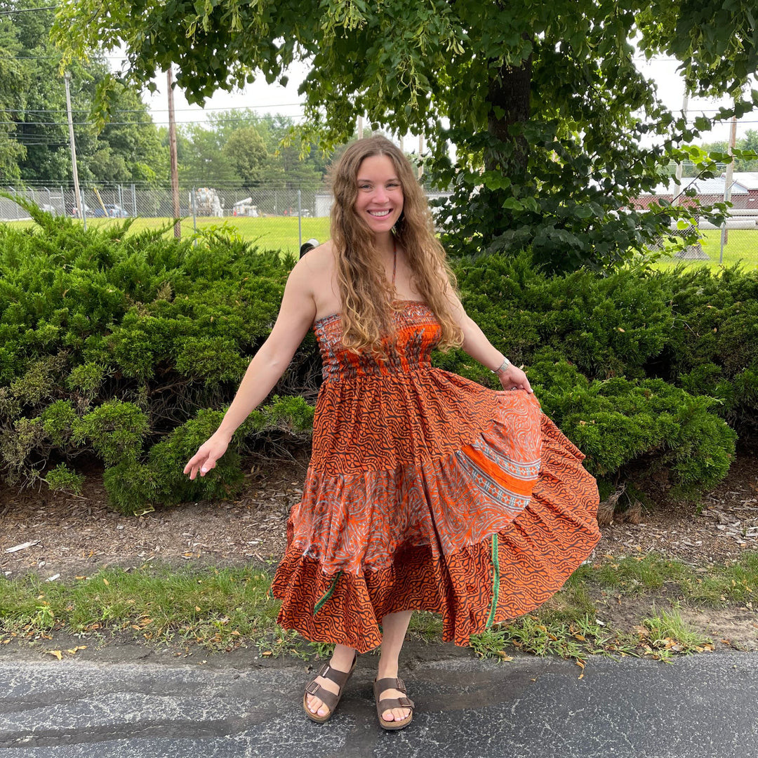 Flowy Tiered Dress in Orange and Grey — Sedona Outfits