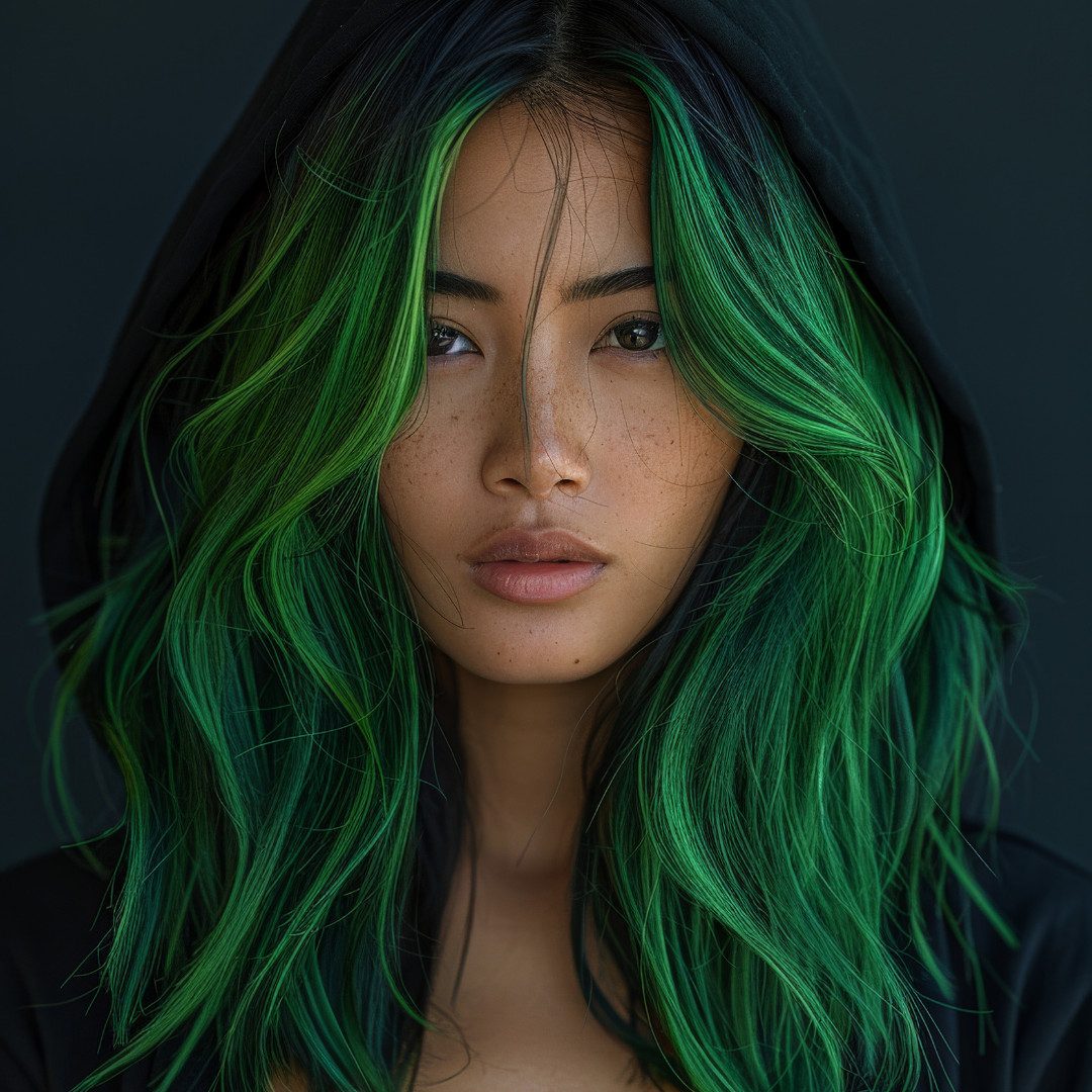 Wavy Shoulder-Length Hair With Emerald Streaks Wavy Shoulder-Length Hair With Emerald Streaks — Emerald Green Hair