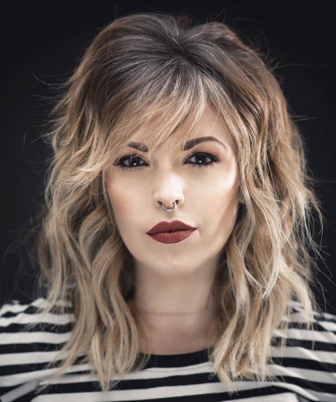 Shoulder Length Shag With Blunt Bangs Shoulder Length Shag With Blunt Bangs — Haircuts for Oval Faces