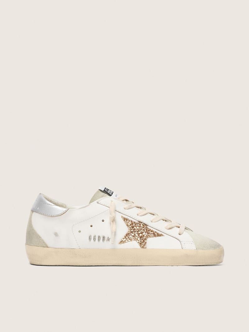 White Leather Sneakers with Gold Glitter Star — Golden Goose Outfits