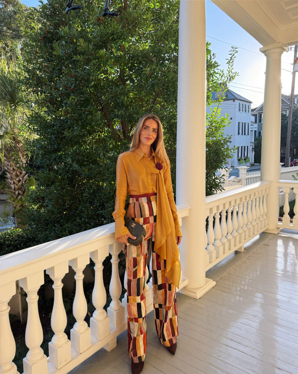 Satin Shirt and Patchwork Trousers with a Brooch Satin Shirt and Patchwork Trousers with a Brooch — Brooch Outfits