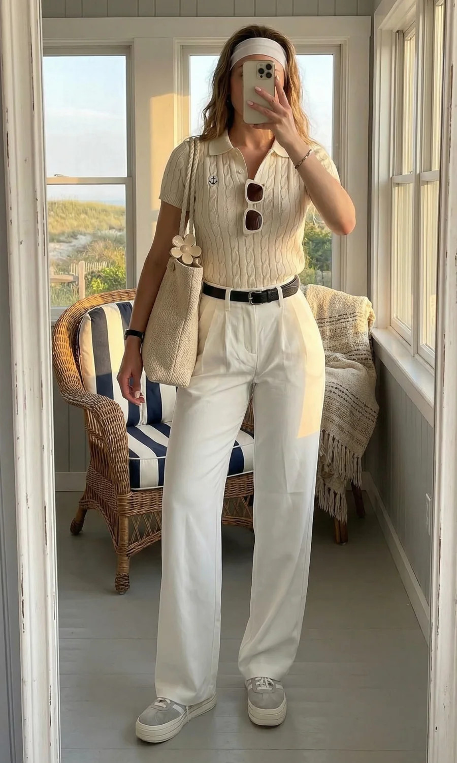 Cable-Knit Polo and Wide-Leg Trousers for Relaxed Chic Cable-Knit Polo and Wide-Leg Trousers for Relaxed Chic — Sporty Chic Outfits