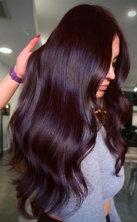 Glossy Collarbone Waves In Dark Cherry — Black Cherry Hair