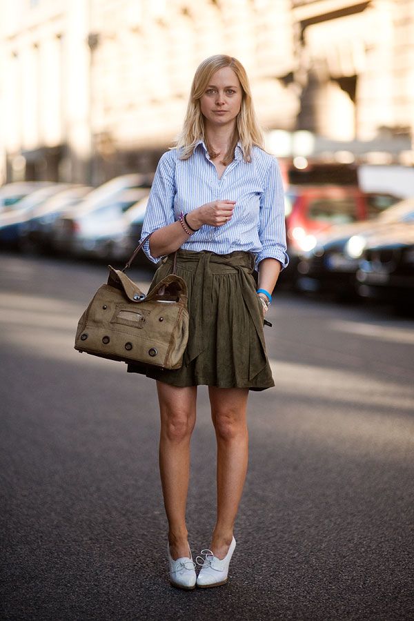 Striped Button-Down with Olive Green A-Line Skirt Striped Button-Down with Olive Green A-Line Skirt — Berlin Outfits