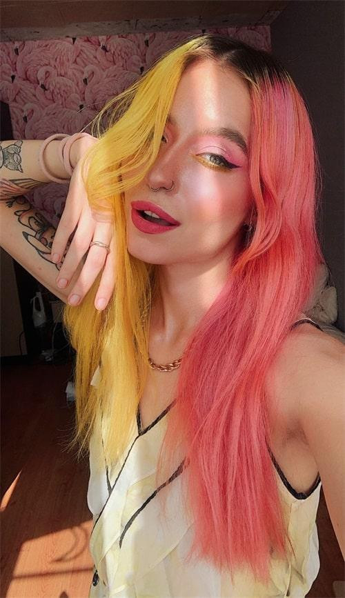 Yellow and Pink Bob With Waves Yellow and Pink Bob With Waves — Split Dye Hair