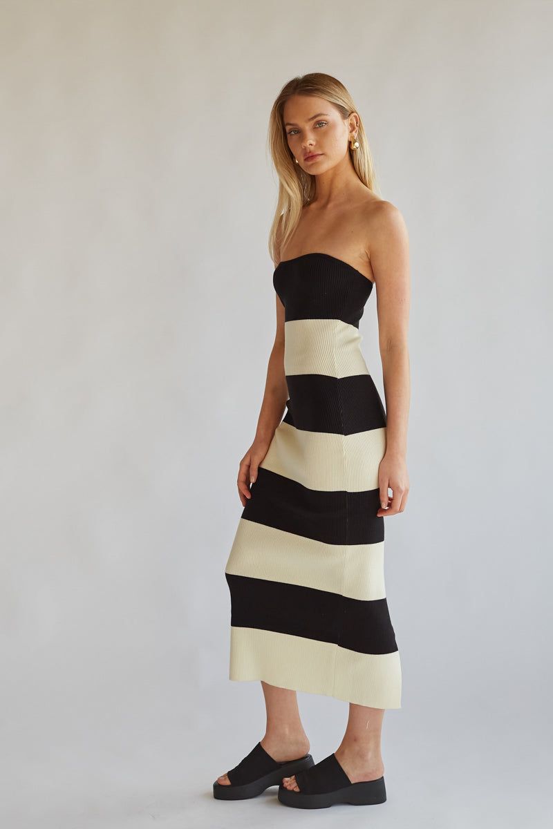 Casual Black and Cream Strapless Tube Dress Casual Black and Cream Strapless Tube Dress — Striped Dresses