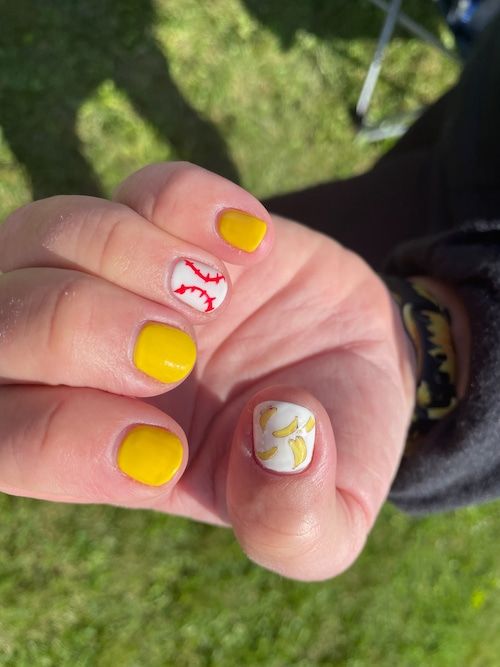 Yellow Banana Stitch Square Nails — Softball Nails