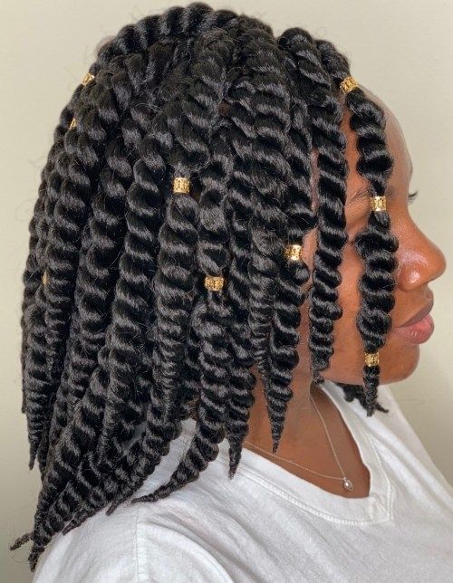 Shoulder-Length Twists With Gold Beads — Kinky Twists