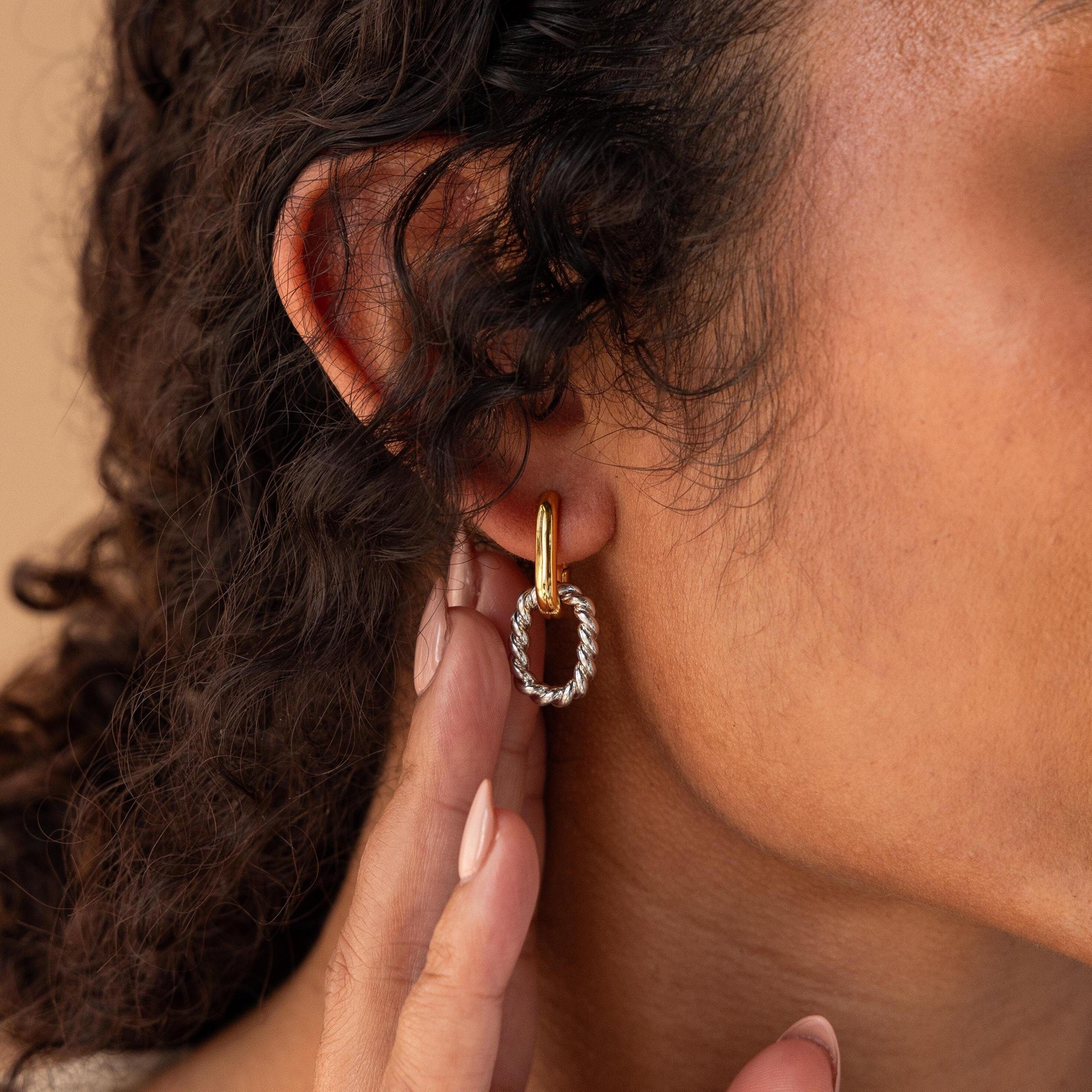 Twisted Rope Texture Mixed Metal Hoop Earrings Twisted Rope Texture Mixed Metal Hoop Earrings — Mixed Metal Jewelry