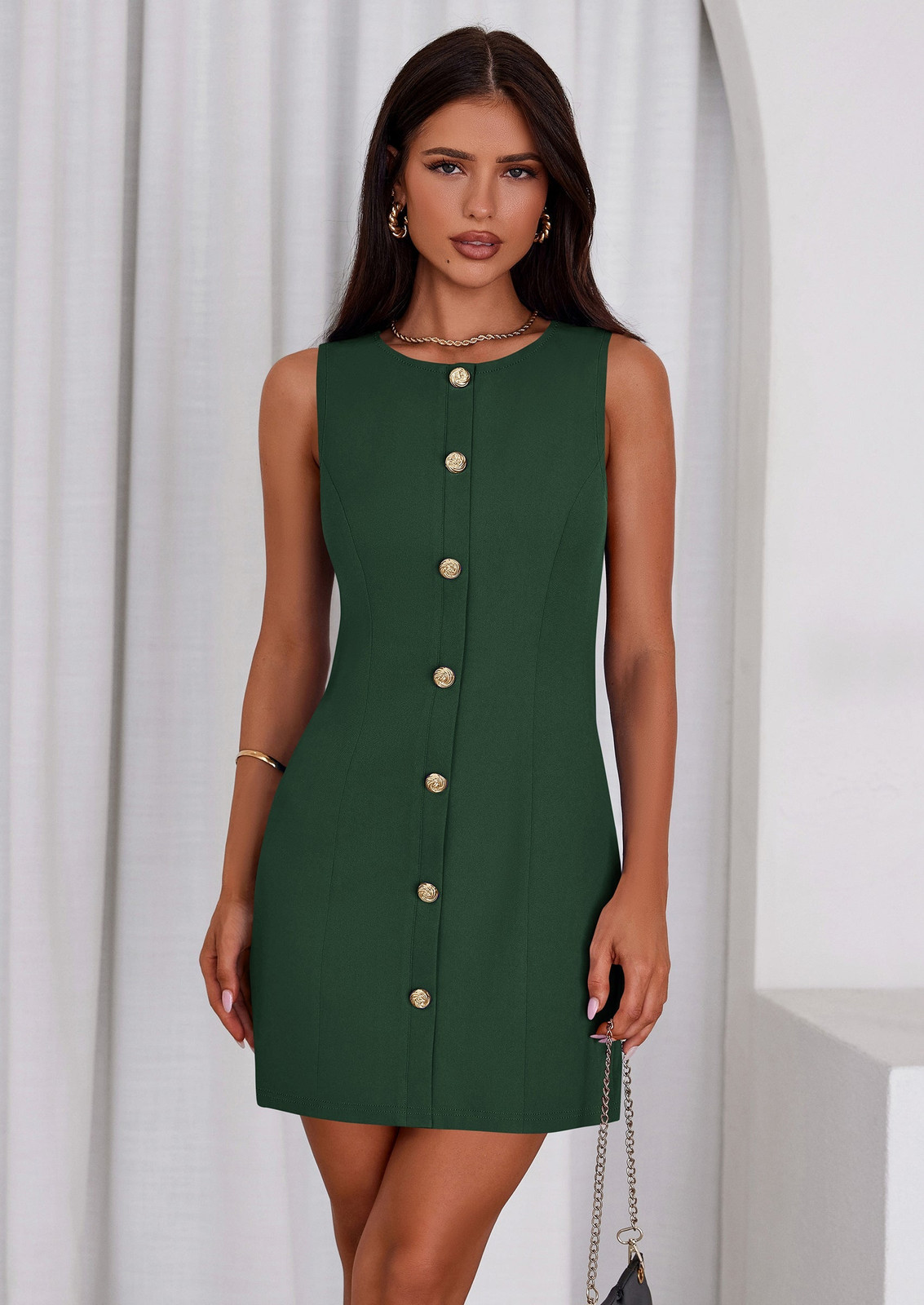 Green Sleeveless Button-Front Mini Dress with Gold Accents — Work Dresses