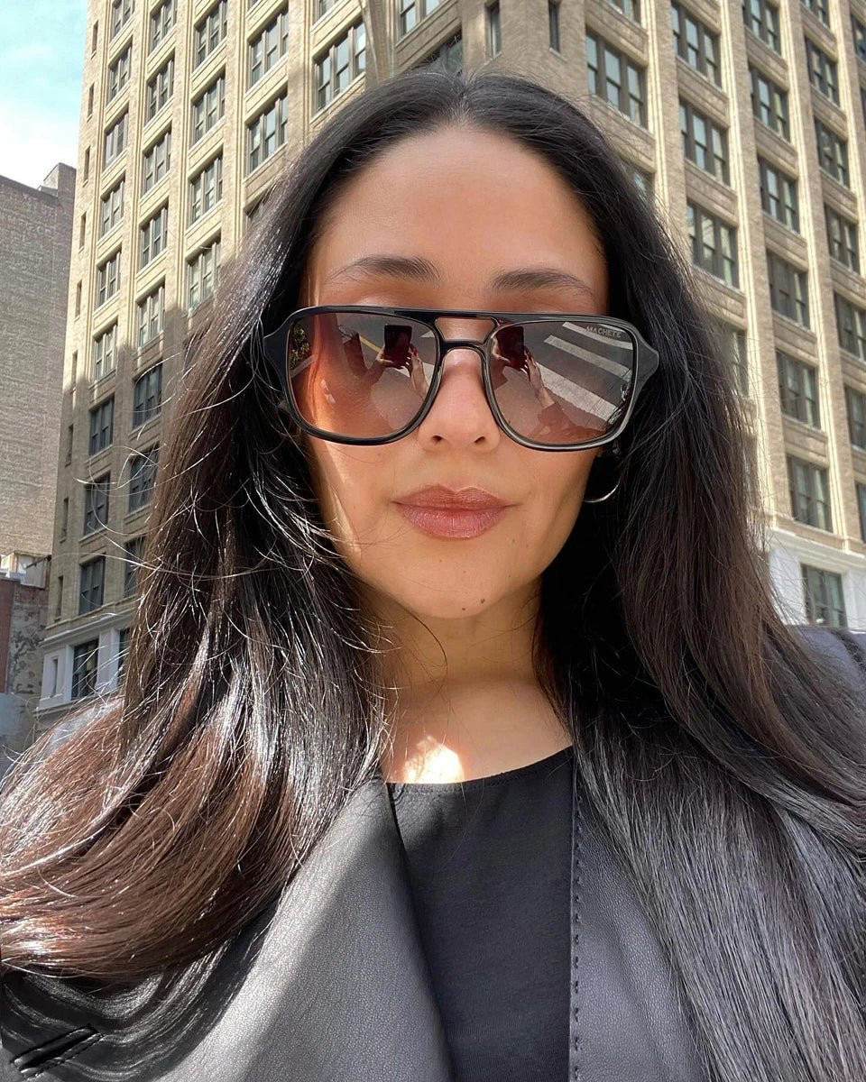 Urban Edge: Black Leather Jacket and Black Aviators — Aviator Sunglasses Women