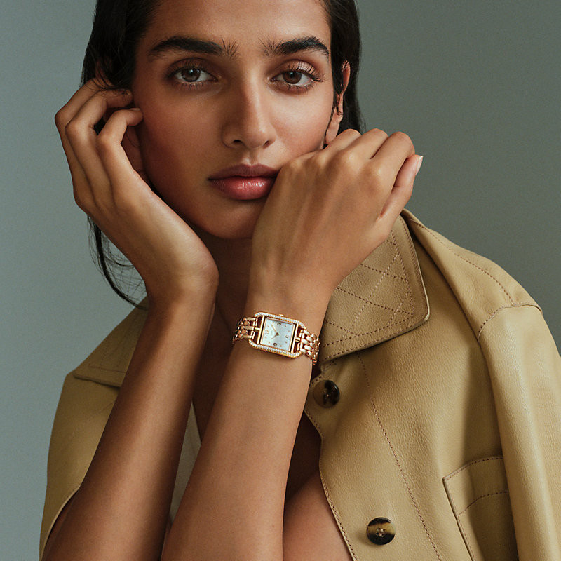 Rose Gold Watch with Diamond Bezel and Leather Jacket — Gold Watches for Women