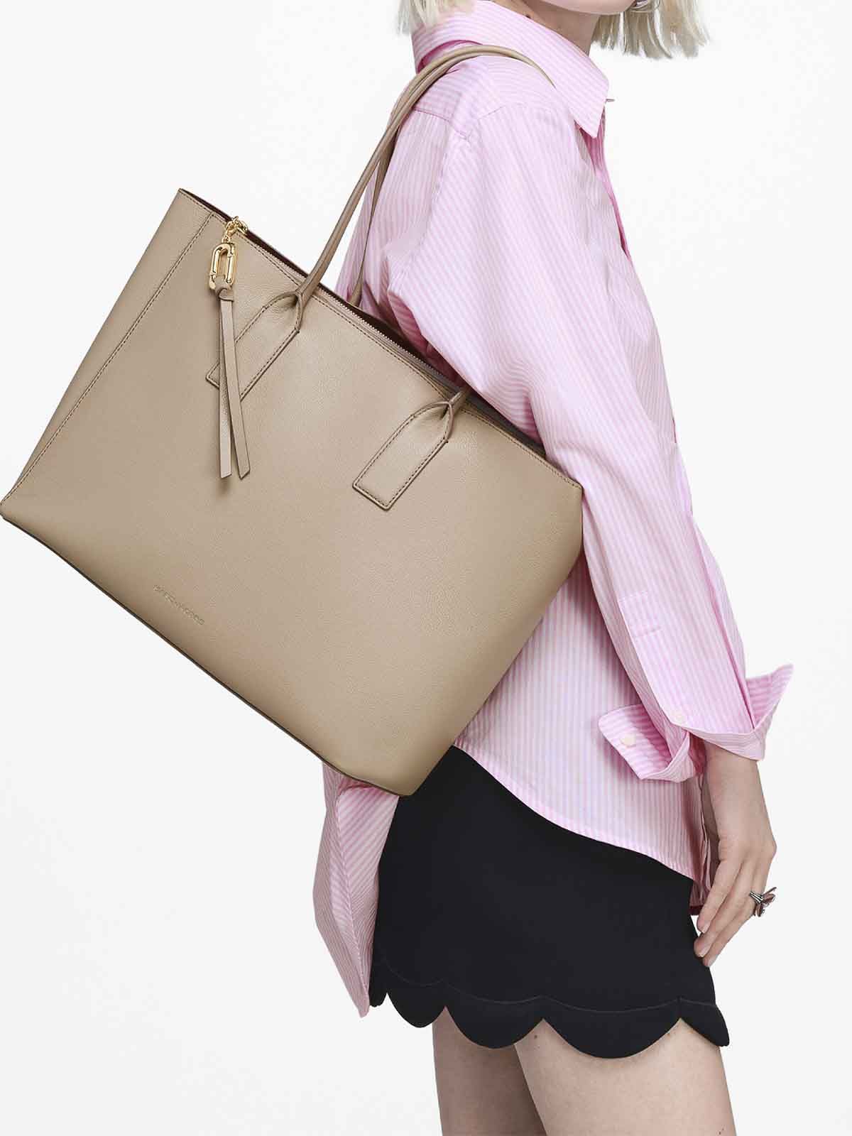 Beige Tote with Striped Shirt and Scalloped Skirt Beige Tote with Striped Shirt and Scalloped Skirt — Work Bags for Women