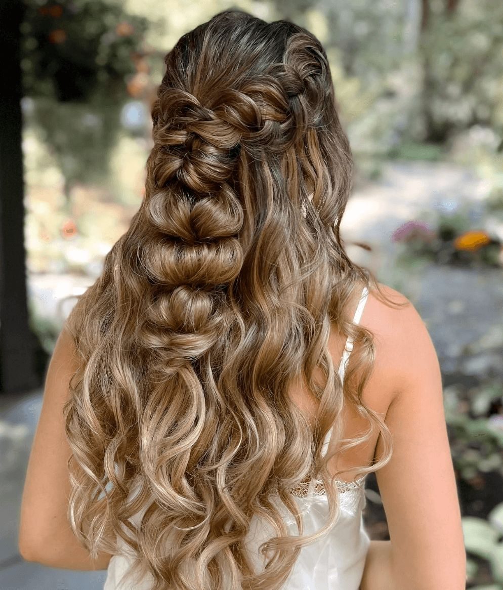 Long Dark Brown Braided Half-Up — Prom Hair Down