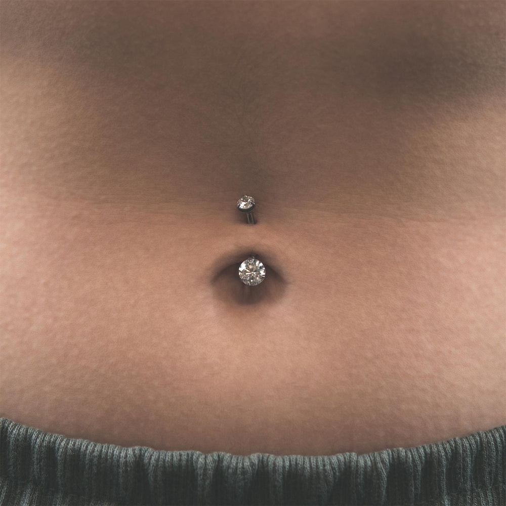 Modern Minimalism: Double Gem Belly Bar with Grey Ribbed Waistband — Belly Button Piercing Ideas
