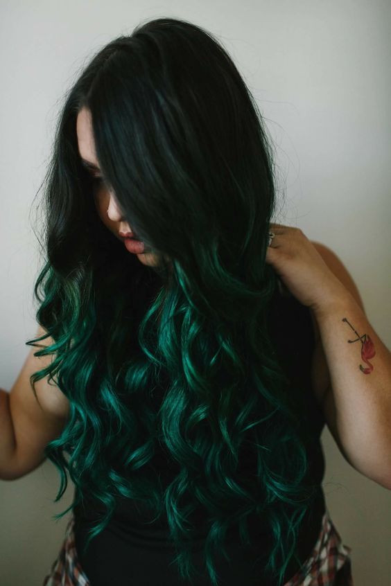 Mid-Back Forest Green Tones With Side Part — Forest Green Hair