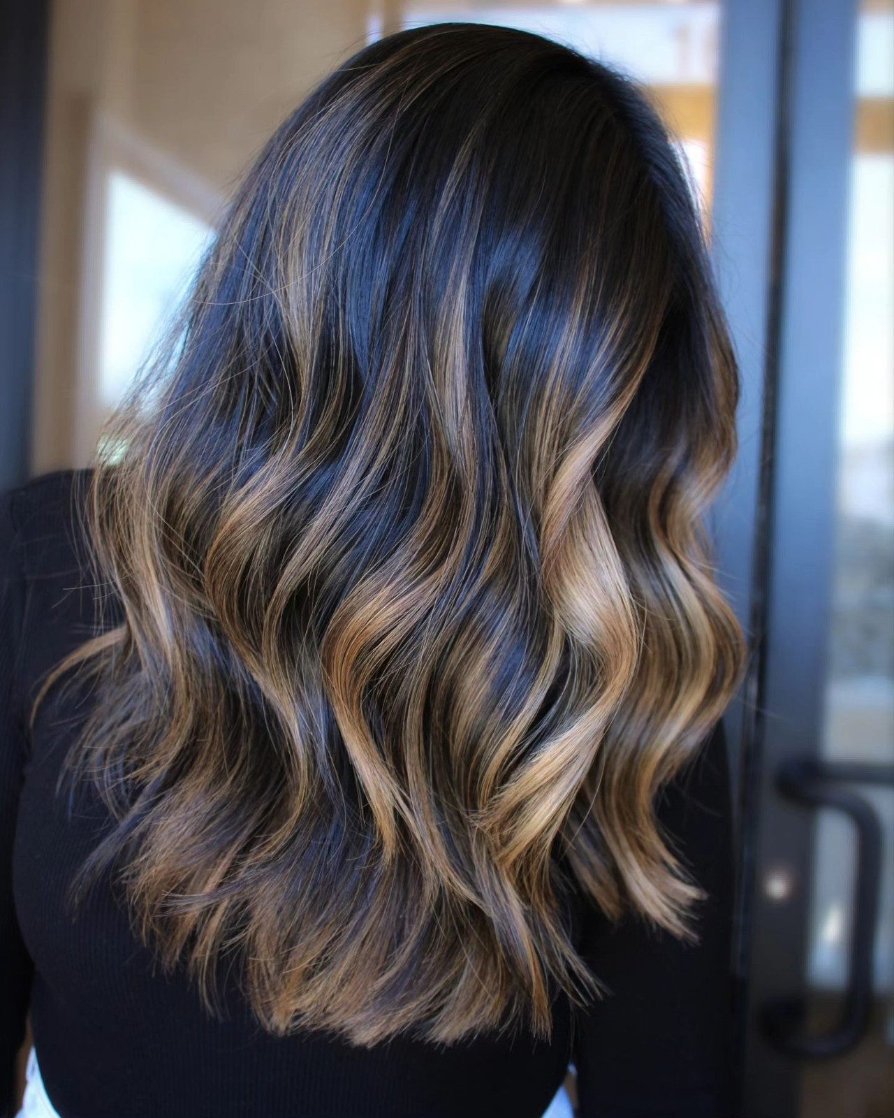 Mid-Back Wavy Caramel Highlights — This Is A Back View Of Thick Mid-Back Wavy Caramel Highlights — This Is A Back View Of Thick — Black Highlights